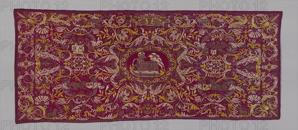 Antependium, 19th century, Italy or Poland, Italy, Silk, knotted square netting, embroidered with silk and gilt-metal-strip-wrapped silk in cloth and darning stitches, edged with silk, warp-faced plain weave extended ground weft uncut fringe, 109.8 x 256.3 cm (43 1/4 x 100 7/8 in.)