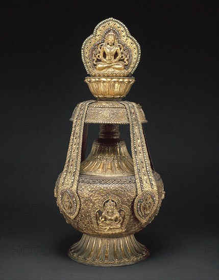 Vase of Longevity (kalasha) with Buddha Amitabha, 17th century, Nepal, Nepal, Gilded copper inlaid with semiprecious stones, with brass elements, H. 76 cm (29 7/8 in.), Diam. 34 cm (13 3/8 in.)