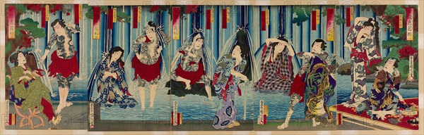 Kabuki Stars Before a Gracious Waterfall (Arigataki megumi no hanagata), 1883, Toyohara Kunichika, Japanese, 1835-1900, Japan, Color woodblock print, oban pentaptych, 35.6 x 116.5 cm (14 x 45 7/8 in.)