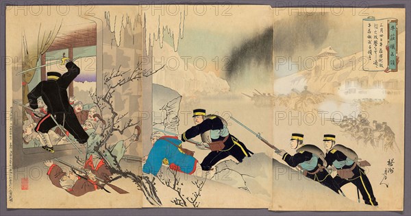 Capturing the Fortress at Niuzhuang (Gyusojo senryo), 1895, Hashimoto (Yoshu) Chikanobu, Japanese, 1838-1912, Japan, Color woodblock print, oban triptych