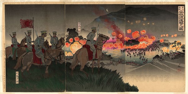 Advancing across the Ansong River at the Battle of Asan (Gazan gekisen Anjo no watashi shingeki no zu), 1894, Kobayashi Kiyochika, Japanese, 1847-1915, Japan, Color woodblock print, oban triptych