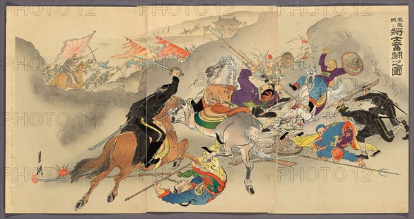 Soldiers Fighting Furiously at Fenghuangcheng (Hoojo ni shoshi funto no zu), 1894, Ogata Gekko, Japanese, 1859-1920, Japan, Color woodblock print, oban triptych