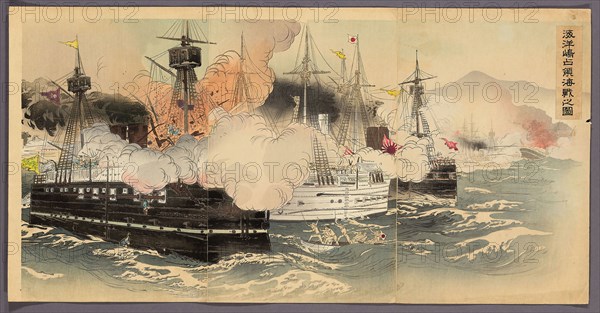 The Naval Battle and Capture of Haiyang Island (Kaiyoto senryo kaisen no zu), 1894, Ogata Gekko, Japanese, 1859-1920, Japan, Color woodblock print, three sheets of oban tetraptych
