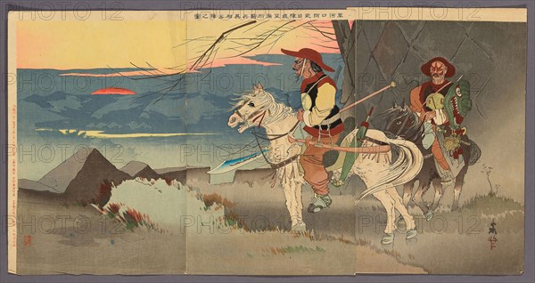 Manchurian Horsemen Scouting from a Distance the Japanese Camp Near Sauhoku (Sokako fukin Nichijin enbo Manshu kihei iso shutsujin no zu), 1894/95, Taguchi Beisaku, Japanese, 1864-1903, Japan, Color woodblock print, oban triptych