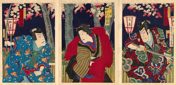 The actors Nakamura Shikan IV as Fuwa Banzaemon, Nakamura Fukusuke IV as the Maid, and Kataoka Gado III as Nagoya Sanzaburo, 1885, Toyohara Kunichika, Japanese, 1835-1900, Japan, Color woodblock print, oban triptych
