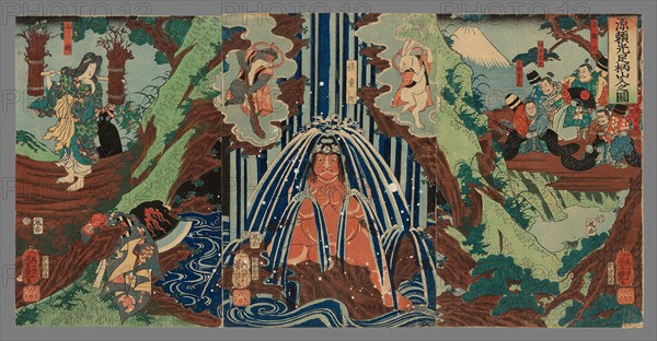 Minamoto Yorimitsu in Mount Ashigara (Minomoto Yorimitsu Ashigarayama iri no zu), 1861, Ichieisai Yoshitsuya, Japanese, 1822-1866, Japan, Color woodblock print, oban triptych