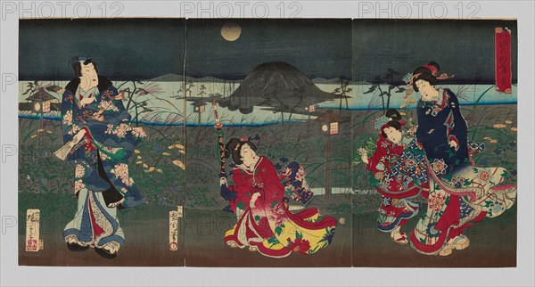 Genji Drawn in Different Styles: View of Akashi Bay (Kakiwake Genji, Akashi ura no kei), 1869, Toyohara Kunichika, Japanese, 1835-1900, Japan, Color woodblock print, oban triptych