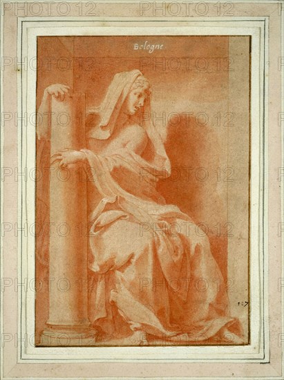 Fortitude (Study for the Cabinet du roi [King’s Study]), 1541/45, Francesco Primaticcio, Italian, 1504-1570, Italy, Brush and vermilion wash, heightened with lead white, over stylus incising, on cream laid paper toned pink, laid down on cream laid paper, 219 x 152 mm