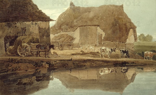 Phineas Borret’s Farm near Saffron Walden, 1802, Thomas Girtin, English, 1775-1802, England, Watercolor with touches of graphite, on off-white wove paper, laid down on light brown board, 322 × 527 mm (sheet), 451 × 655 mm (mount)