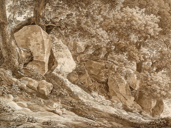 Rocky Landscape with Pan Playing His Flute (In the Park of the Villa Chigi, Ariccia), 1808, Johann Christian Reinhart, German, 1761-1847, Germany, Pen and black ink, and brush and brown wash, on cream laid paper, laid down on cream laid card, 443 x 587 mm (sheet), 577 x 725 mm (max. mount)