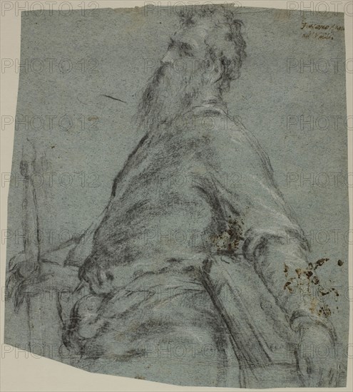 Half-length Figure Study for Saint Paul, 1561/65, Jacopo Bassano, Italian, c. 1510-1592, Italy, Charcoal heightened with brush and lead white, on blue laid paper, edge mounted to cream wove paper, 215 x 194 mm (max.)