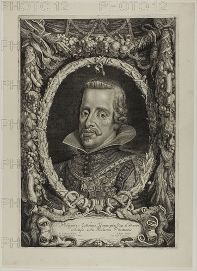 Philip IV, King of Spain, plate 12 from Duces Burgundiae (Dukes of Burgundy), 1644, Jacob Louys (Flemish, 1595-after 1644), after Peter Paul Rubens (Flemish, 1577-1640), border engraved, and print published, by Pieter Claesz. Soutman (Dutch, c. 1580–1657), Flanders, Engraving and etching in black on ivory laid paper, 407 × 280 mm (plate), 463 × 334 mm (sheet)
