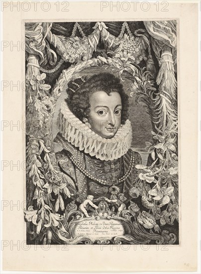 Elisabeth of Bourbon, Queen of Spain, plate 13 from Duces Burgundiae (Dukes of Burgundy), 1644, Jacob Louys (Flemish, 1595-after 1644), after Peter Paul Rubens (Flemish, 1577-1640), border engraved, and print published, by Pieter Claesz. Soutman (Dutch, c. 1580–1657), Flanders, Engraving and etching in black on ivory laid paper, 405 × 281 mm (plate), 476 × 347 mm (sheet)