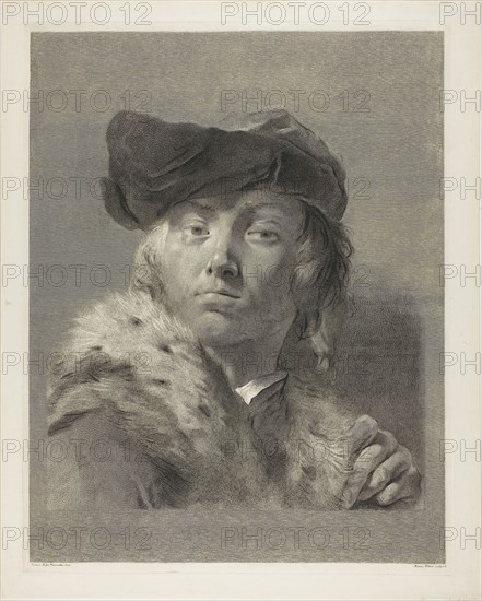 Bust of a Young Man with a Fur-Collared Coat, c. 1750, Giovanni Marco Pitteri (Italian, 1702-1786), Giovanni Battista Piazzetta (Italian, 1682-1754), Italy, Engraving on ivory laid paper, 454 x 354 mm (plate), 492 x 396 mm (sheet)