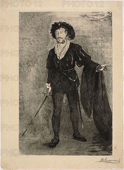 Faure in the Role of Hamlet, c. 1877, Henri Charles Guérard (French, 1846-1897), after Édouard Manet (French, 1832-1883), France, Etching on cream laid paper, 276 × 176 mm (image), 275 × 199 mm (plate), 318 × 231 mm (sheet)