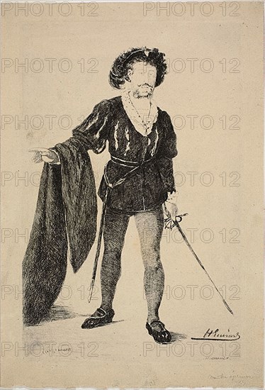 Faure in the Role of Hamlet, c. 1877, Henri Charles Guérard (French, 1846-1897), after Édouard Manet (French, 1832-1883), France, Etching on cream laid paper, 257 × 176 mm (image), 272 × 183 mm (plate), 308 × 211 mm (sheet)