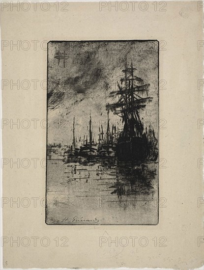 Sailboats on the water, c. 1888, Henri Charles Guérard, French, 1846-1897, France, Etching and drypoint with selective wiping on buff laid paper, 213 × 130 mm (plate), 310 × 234 mm (sheet)