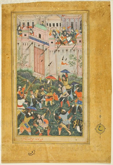 Kichik Beg Wounded during Babur’s Attack on Qalat, page from a copy of the Baburnama (Book of Babur), c. 1590, India, Mughal period, Designed by Kanha (fl. c.1580-early 1590s), painted by Mansur (fl. c.1590-1630), India, Opaque watercolor and gold on paper, Image: 23.9 x 12.9 cm (9 3/8 x 5 1/16 in.), Outermost Border: 35.8 x 15.4 cm (13 7/8 x 6 1/16 in.), Paper: 31.7 x 21.6 cm (12 3/8 x 8 1/2 in.)