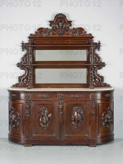 Sideboard, 1850/57, Alexander Roux, American, born France, c. 1813–1886, New York, Rosewood, walnut, tulip poplar, glass, and marble, 238 × 204.5 × 58.4 cm (93 3/4 × 80 1/2 × 23 in.)