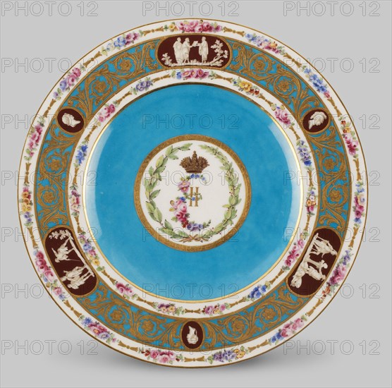 Plate, 1778, Sèvres Porcelain Manufactory, French, founded 1740, Painted by Edmé-François Bouilliat (French, 1758–1810) and Pierre-Antoine Méreaud (French, active 1754–1791), Gilded by Etienne-Henry Le Guay (French, active 1748–1749 and 1751–1796) and Philippe Castel (French, active 1771–1797), Sèvres, Soft-paste porcelain, turquoise-blue ground, polychrome enamels, and gilding, Diam. 26 cm (10 1/4 in.)