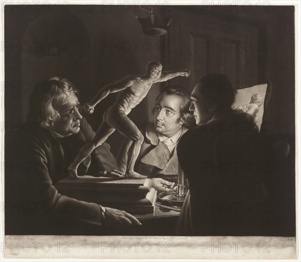 Three Persons Viewing the Gladiator by Candlelight, 1769, William Pether (English, 1731/38-1821), after Joseph Wright of Derby (English, 1734-1797), England, Mezzotint in black on off-white laid paper, 482 × 555 mm (image/plate), 489 × 565 mm (sheet)