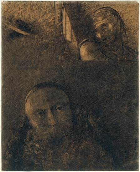 Faust and Mephistopheles, 1880, Odilon Redon, French, 1840-1916, France, Various charcoals, with wiping, stumping, erasing, and incising, on cream wove paper altered to a golden tone, 400 × 320 mm