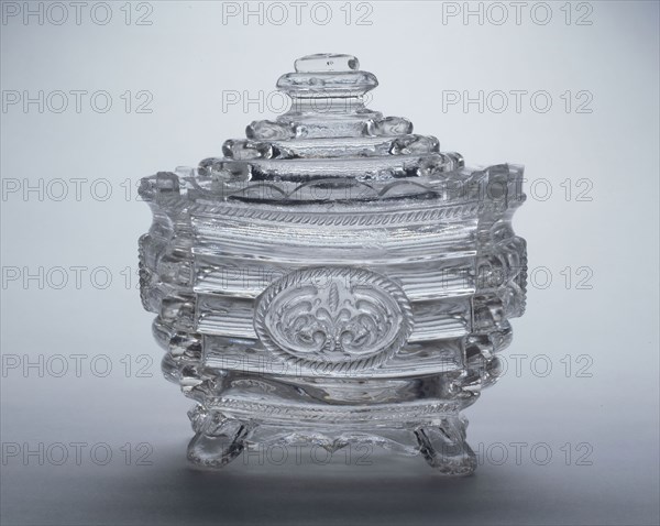Covered Sugar Bowl, 1820/30, New England Glass Company, American, 1818–1888, Cambridge, Massachusetts, East Cambridge, Pressed glass, 13 × 12.4 × 9.8 cm (5 1/8 × 4 7/8 × 3 7/8 in.)