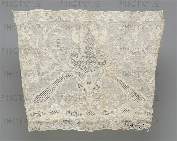 Pair of Cuffs, 19th century, Europe, Europe, Linen, two layers of plain weave, cut and drawn work fillings of diagonal drawn filling, four sided, hem, herringbone, interlocking lace, overcast, wave, and woven hem stitches, embroidered in buttonhole, buttonhole wheels, hem, overcast, and satin stitches through one or both layers, edged with linen, bobbin straight lace, a: 28.2 × 36.7 cm (11 × 14 3/8 in.), b: 26.6 × 35.2 cm (10 1/2 × 13 7/8 in.)