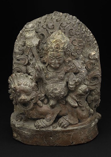 Guardian King Vaishravana on His Lion Mount, 17th century, Nepal, Nepal, Terracotta, 17.5 x 12.8 x 7.6 cm (6 7/8 x 5 x 3 in.)