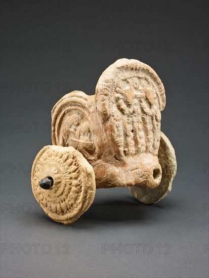 Toy Cart with Lion Charging a Warrior on the Side and Wheels with Lotus Motifs, 1st century B.C., India, Uttar Pradesh, Kaushambi, Uttar Pradesh, Partially molded terracotta with red slip, 13.8 x 13 x 10 cm