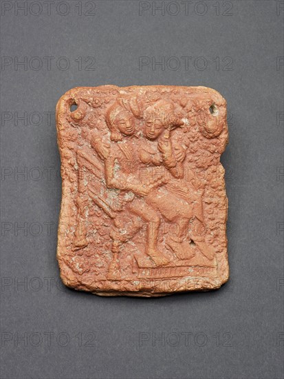 Amorous Couple (Mithuna) Seated in a Chair, 1st century B.C., India, Uttar Pradesh, Kaushambi, Uttar Pradesh, Molded terracotta with red slip, 10.1 x 8.2 x 2 cm (3 15/16 x 3 3/16 x 13/16 in.)