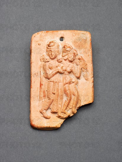 Amorous Couple (Mithuna) with Parrot, 1st century B.C., India, West Bengal, Chandraketugarh, West Bengal, Molded terracotta with red slip, 8.4 x 5.4 x 1.4 cm (3 5/16 x 2 1/8 x 9/16 in.)