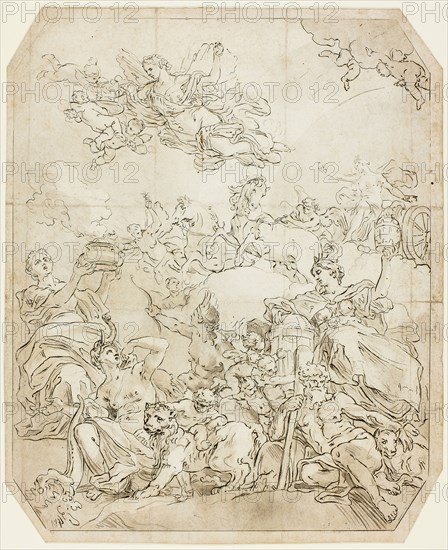 Aurora Heralds the Break of Day to the Four Corners of the Globe, n.d., Unknown artist, Italian, 18th century, Italy, Pen and black ink and brush and gray wash, over graphite, on ivory laid paper, 299 x 255 mm