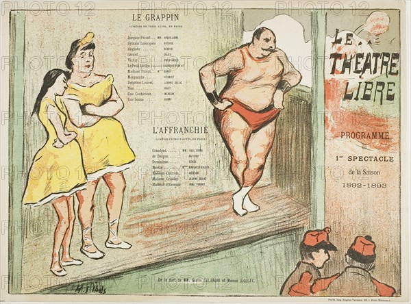 First Performance: Le Grappin, l’Affranchie, for Le Théatre Libre, 1892–93, Henri-Gabriel Ibels (French, 1867-1936), printed by Imprimerie Eugène Verneau (French, 19th century-1906), France, Color lithograph on cream wove paper, 228 × 311 mm (image), 240 × 325 mm (sheet)