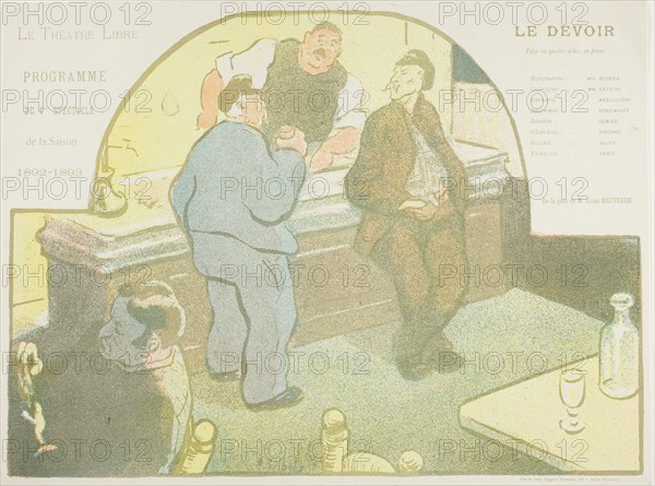 Fourth Performance: Le Devoir, for Le Théatre Libre, 1892–93, Henri-Gabriel Ibels (French, 1867-1936), printed by Imprimerie Eugène Verneau (French, 19th century-1906), France, Color lithograph on ivory wove paper, 228 × 310 mm (image), 238 × 318 mm (sheet)