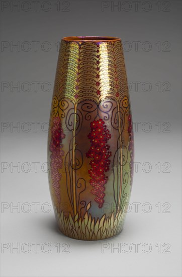 Vase, 1898/1900, Design attributed to József Rippl-Rónai, Hungarian, 1861-1927, Made by Zsolnay-Pécs, Hungary, founded 1862, Pécs, Lead-glazed earthenware with iridescent glazes, H. 27.9 cm (11 in.)