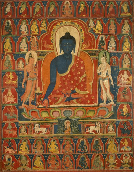 Painted Banner (Thangka) with the Medicine Buddha (Bhaishajyaguru), 14th century, Tibet, Central Tibet, Tibet, Pigment and gold on cotton, 104 x 82.7 cm (41 x 32 1/2 in.)