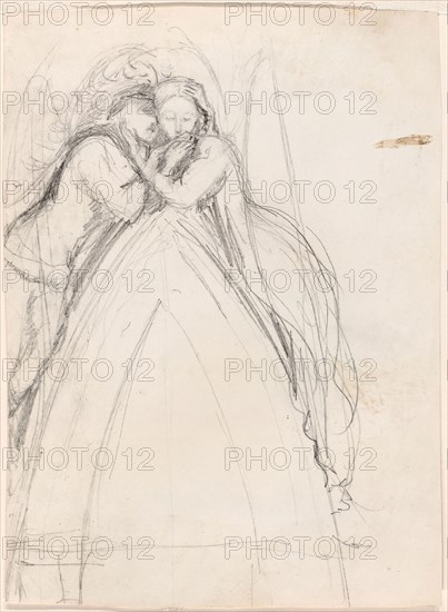 Design for a Gothic Arch with the Artist and Effie Ruskin Embracing (recto), Design for a Gothic Arch with Effie as an Angel (verso), 1853, Sir John Everett Millais, English, 1829-1896, England, Graphite, with touches of pen and brown ink (recto and verso) on ivory paper, 232 × 115 mm