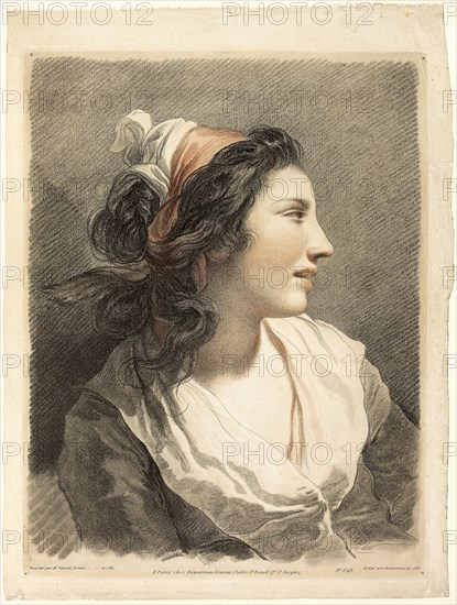 Large Female Head, c. 1788, Gilles Antoine Demarteau, the Younger (Flemish, c. 1750-1806), after Francois-Andre Vincent (French, 1746-1816), Flanders, Crayon-manner etching and engraving in red and black ink from two plates on ivory laid paper, 522 × 411 mm (plate), 586 × 438 mm (sheet)