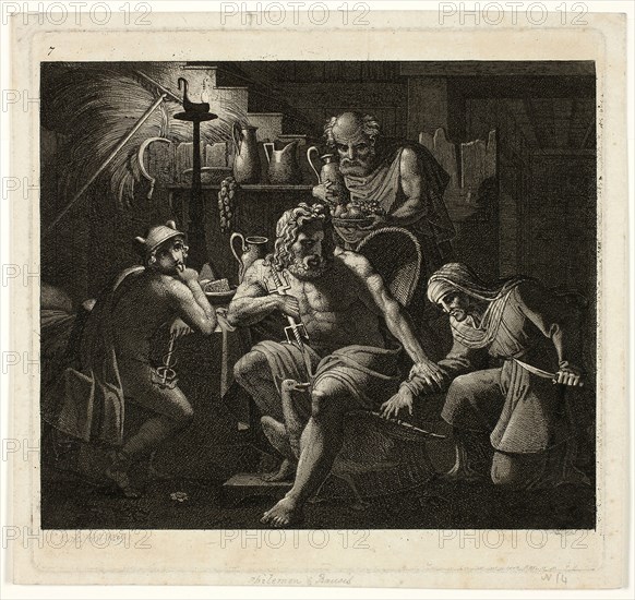 Jupiter Visits with Philemon and Bacchus, 1809, Carl Russ, Austrian, 1779-1843, Austria, Etching and aquatint on tan wove paper, 174 × 185 mm (plate), 186 × 198 mm (sheet)