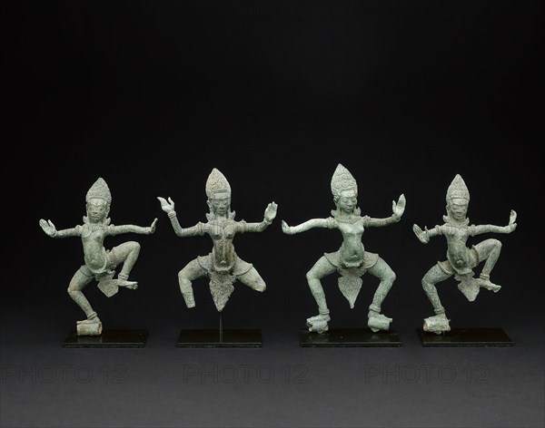 Group of Four Celestial Dancing Beauties (Apsaras), Angkor period, late 12th/early 13th century, Cambodia, Cambodia, Bronze, 1: 16.5 × 12 × 5.3 cm (6 1/2 × 4 3/4 × 2 1/8 in.), 2: 15.5 × 10.6 × 4.4 cm (6 1/8 × 4 1/8 × 1 3/4 in.), 3: 13.8 × 11.5 × 3.4 cm (5 3/8 × 4 1/2 × 1 3/8 in.), 4: 15.2 × 11 × 3.5 cm (6 × 4 3/8 × 1 3/8 in.)