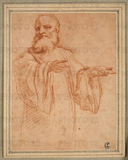 St. Benedict Gesturing to the Left: Study for the Coronation of the Virgin, 1520/23, Antonio Allegri, called Correggio, Italian, 1489?-1534, Italy, Red chalk on cream laid paper prepared with pink wash (diluted red chalk wash), laid down on cream laid card, 155 x 119 mm