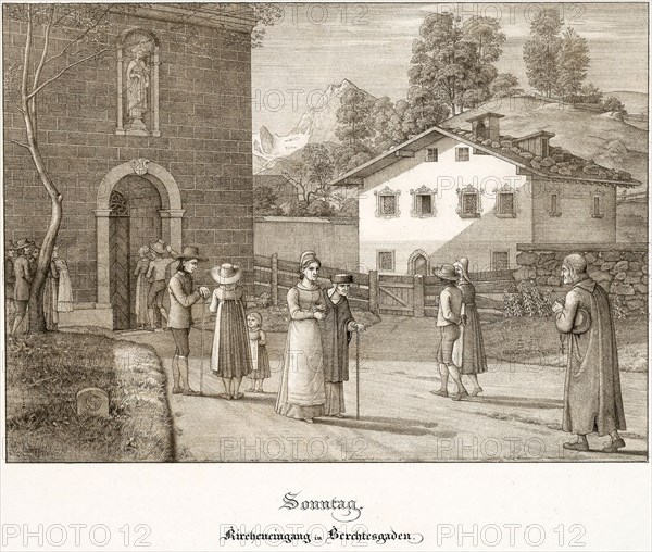 Sunday: Going to Church Near Berchtesgaden, 1823, Ferdinand Olivier, German, 1785-1841, Germany, Lithograph with tint-stone on white wove paper, 195 x 272 mm (image), 371 x 529 mm (sheet)
