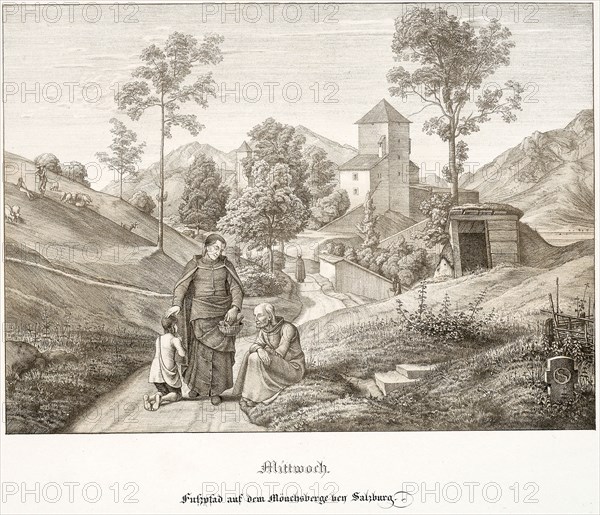 Wednesday: Footpath on the Mönchsberg Near Salzburg, 1823, Ferdinand Olivier, German, 1785-1841, Germany, Lithograph with tint-stone on white wove paper, 200 x 275 mm (image), 370 x 529 mm (sheet)