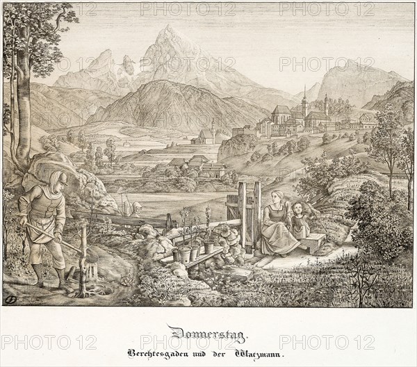 Thursday: Berchtesgaden and the Watzmann, 1823, Ferdinand Olivier, German, 1785-1841, Germany, Lithograph with tint-stone on white wove paper, 208 x 279 mm (image), 372 x 529 mm (sheet)