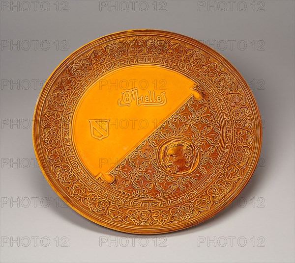 Othello Plaque, 1884, Made by Rookwood Pottery, American, 1880–1960, Modeled by J.C. Meyenberg, 1884, American, late 19th–early 20th century, Retailer: Duhme & Co., American, unknown, Cincinnati, White slip decorated earthenware with "Standard" glaze, Diam. 40.6 cm (15 1/4 in.)