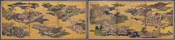 The Tale of Taishokan, 1640/80, Japanese, Japan, Pair of six-panel screens, ink, colors, and gold on paper, Each 173 x 374 cm