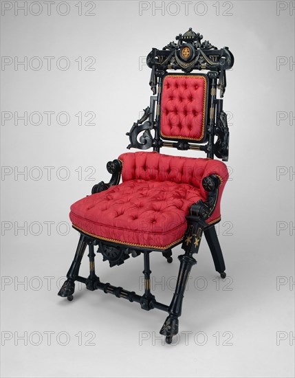 Armchair, patented in 1869, George Jakob Hunzinger, American, born Germany, 1835–1898, New York, Ebonized walnut with gilt decoration, 139.7 × 61 × 66 cm (55 × 24 × 26 in.)