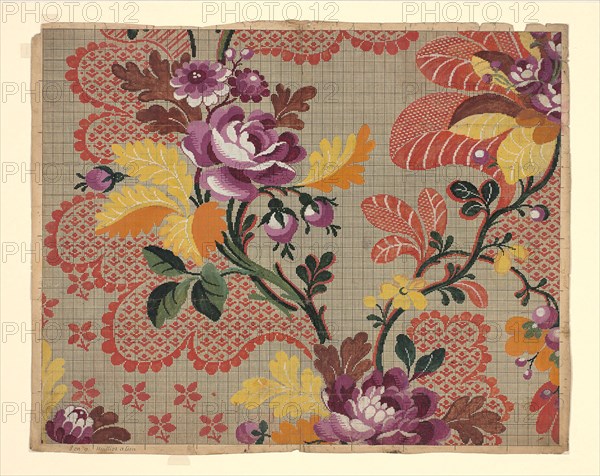 Mise-en-carte (Point-paper), 1760/90, Possibly designed by Nicolas Guerin et Ce., France, Lyon, France, Ink and gouache on hand drawn graph paper, 45.1 × 56.5 cm (17 3/4 × 22 1/4 in.)