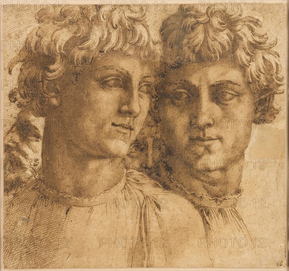Two Studies of the Head of a Youth, c. 1550, Baccio Bandinelli, Italian, 1493-1560, Italy, Pen and brown ink on tan paper, laid down on cream laid paper, 238 x 255 mm